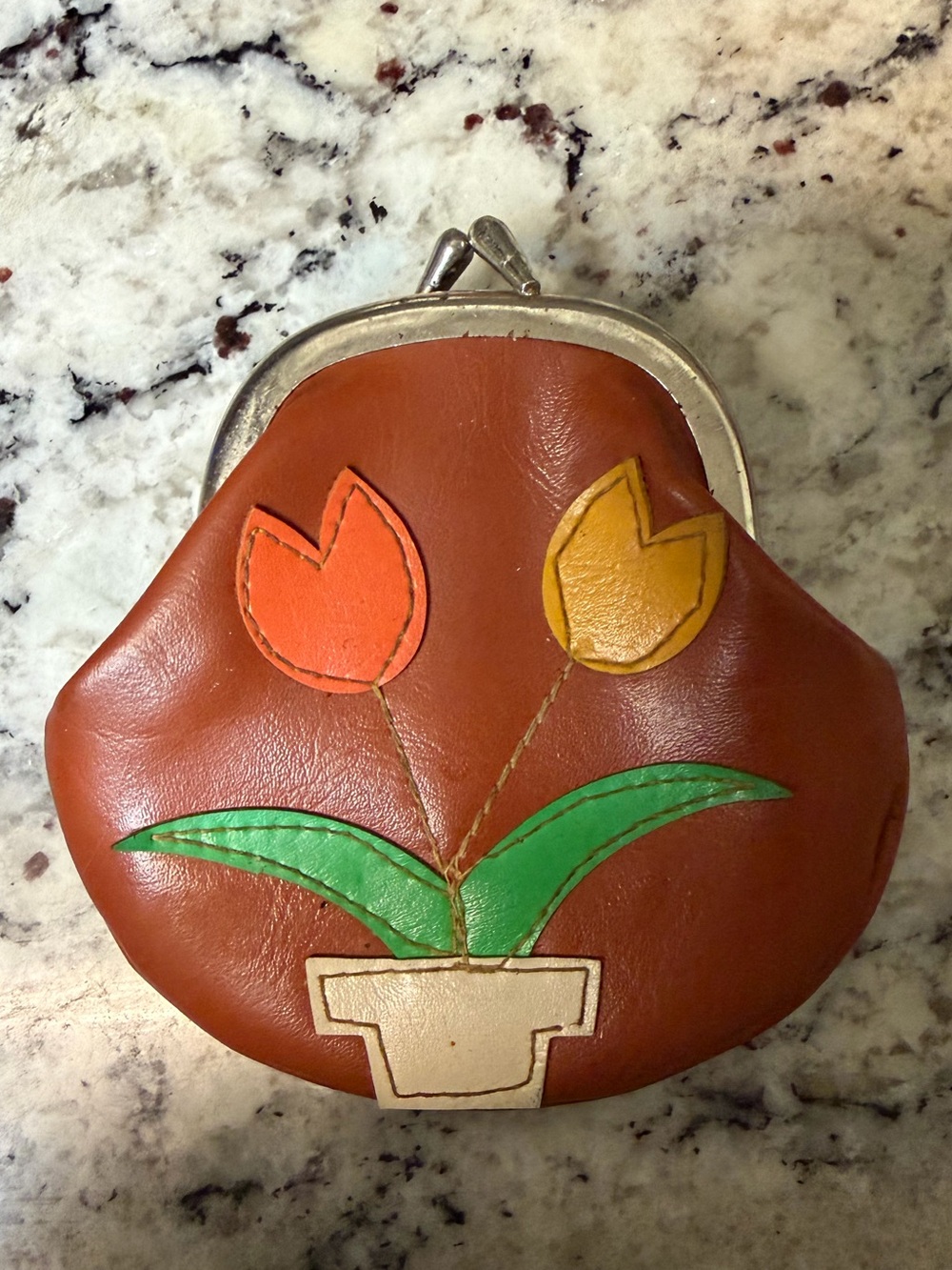 Vintage Leather Floral Coin Purse - Brown with Orange & Yellow Tulips